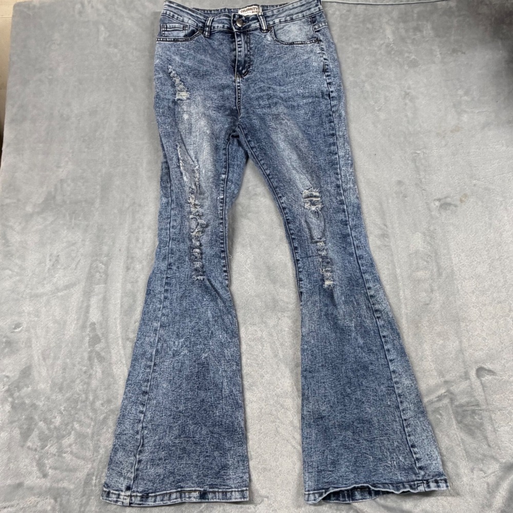 Celebrity Ace Acid Wash Distressed 10" Flare Size 11/30 W30 L32 Blue Denim Jeans